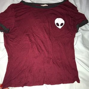 alien ringer t-shirt, maroon and dark grey